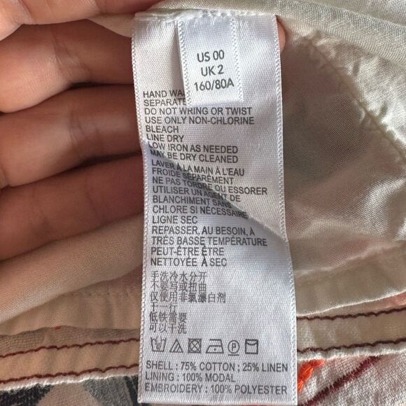 Anthropologie Bohemian Embroidered Linen Cotton Blend Crop Top Sz US 00 Aztec - Picture 7 of 8